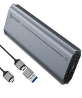 Sleek External NVMe SSD Enclosure With Thunderbolt 4 And USB4 Ports Delivers Beast Mode 40Gbps Speeds For Butter Smooth 8K Editing And Legit Fast Drive Swaps While Integrated Cooling System Keeps Hardware Chill Under Heavy Workloads, showing dark gray metal casing and connection cables.