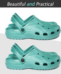 Two green Crocs shoes with snap-on straps, showcasing Crocs Strap Rivet Kit 10 Pcs Durable Resin Plastic Shoe Accessories Replacement Easy Snap On Repair for Crocs Decorative Buttons for Crocs Customization and Quick DIY Fix against a white background.