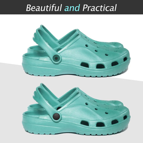 Two green Crocs shoes with snap-on straps, showcasing Crocs Strap Rivet Kit 10 Pcs Durable Resin Plastic Shoe Accessories Replacement Easy Snap On Repair for Crocs Decorative Buttons for Crocs Customization and Quick DIY Fix against a white background.