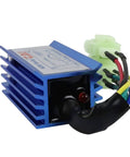 Side view of High Performance GY6 6 Pin AC Racing CDI Box for 50cc 125cc 150cc scooters, blue aluminum body with wiring harness.
