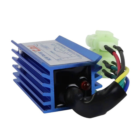 Side view of High Performance GY6 6 Pin AC Racing CDI Box for 50cc 125cc 150cc scooters, blue aluminum body with wiring harness.