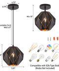 Industrial Vintage Pendant Light With Diamond Geometric Shade In Matte Black Metal Dope Retro Farmhouse Ceiling Fixture For Kitchen Island Modern Yet Classic Hanging Light, adjustable height, with bulb options shown.