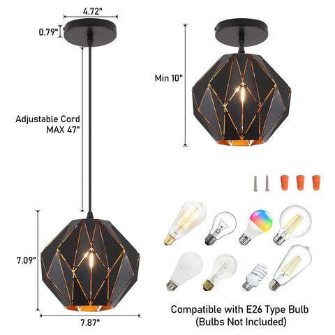 Industrial Vintage Pendant Light With Diamond Geometric Shade In Matte Black Metal Dope Retro Farmhouse Ceiling Fixture For Kitchen Island Modern Yet Classic Hanging Light, adjustable height, with bulb options shown.