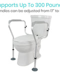 Toilet Safety Rail For Seniors And Disabled With Adjustable Grab Bar And Arms Sit To Stand Aid attached to a toilet.