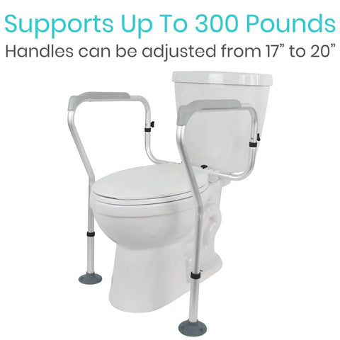 Toilet Safety Rail For Seniors And Disabled With Adjustable Grab Bar And Arms Sit To Stand Aid attached to a toilet.