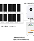 Heavy Duty 5500W Off Grid Solar Power Kit With 48V 410Ah LiFePO4 Battery Delivering 21Kwh Of Rock Solid Storage with solar panels and inverter.