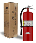 Heavy Duty 20 Lb ABC Dry Chemical Fire Extinguisher Featuring Aluminum Valve in red with box beside for home defense.