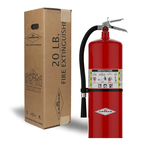 Heavy Duty 20 Lb ABC Dry Chemical Fire Extinguisher Featuring Aluminum Valve in red with box beside for home defense.