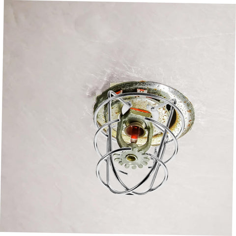 Top Shelf Fire Sprinkler Head Protector Cage Covers For Upright Pendant Sidewall Compatible Systems Built Tough Impact Resistant Safety Guards mounted on a ceiling.