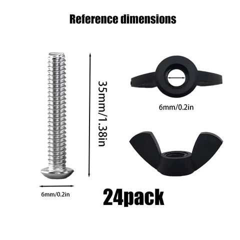 Hardcore M6 Dog Crate Screws With 12 Replacement Stainless Steel Bolts And Quick Grip Wing Nuts For Pet Carriers showing screws and wing nuts with dimensions.