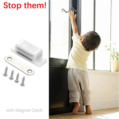 Child reaching for door, 12 Pack Beefy Magnetic Cabinet Door Catches For Kitchen And Bathroom White 15 Lb Strong Pull Closures