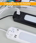 Close-up of 18 Inch Plug In Under Cabinet Lighting With 1000 Lumen LED 5 Foot Cord Dual USB Ports 120V 3 Prong Outlet And 3000K 4000K 5000K High Low Switch For Garage Workbench Kitchen showing black and white fixtures.