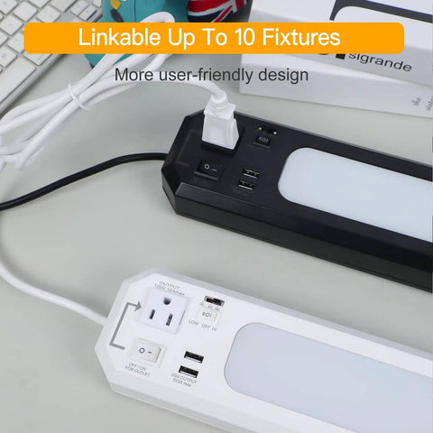 Close-up of 18 Inch Plug In Under Cabinet Lighting With 1000 Lumen LED 5 Foot Cord Dual USB Ports 120V 3 Prong Outlet And 3000K 4000K 5000K High Low Switch For Garage Workbench Kitchen showing black and white fixtures.