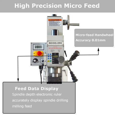 Heavy Duty Benchtop Mill Drill Machine With 1100W Brushless Motor And Variable Speed showing micro feed handwheel and feed data display.