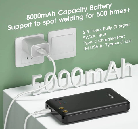 Mini Spot Welder Portable Welding Tool with Type C Port charging, 5000mAh battery, wall socket, and USB Type-C cable.