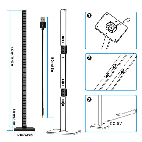 Lit RGBICWW Floor Lamp With App And Voice Control assembly instructions and dimensions, showing USB cable and connection details.