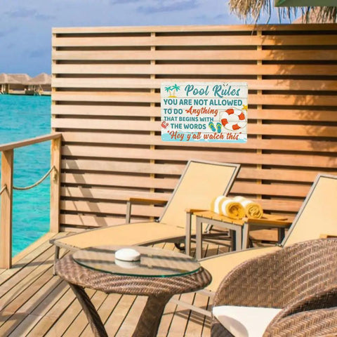 Funny Pool Signs Outdoor Pool Rules Sign 8 By 12 Inches Vintage Metal Tin Wall Decor for Pool Deck; chairs and ocean view