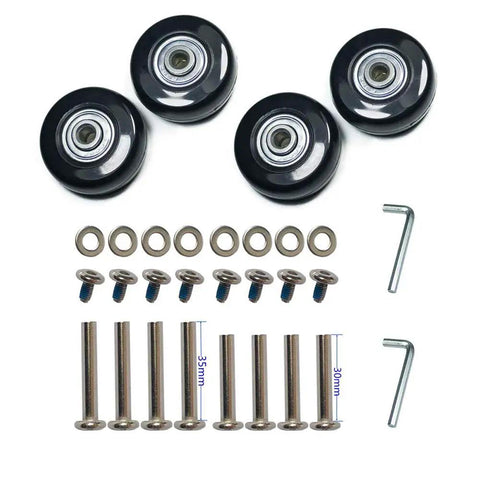 Luggage Suitcase Replacement Wheels Set With ABEC 608zz Bearings 45mm Inline Wheels For Travel Quiet And Durable Includes 30mm And 35mm Axles And Washers Four Pack Black, showing all components.