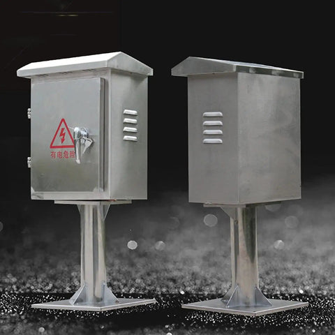 Outdoor IP67 Waterproof Electrical Junction Box In Stainless Steel Floor Mounted Enclosure For Outdoor Projects, front view on stand