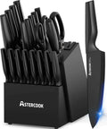 No Fuss All In One 21 Piece Kitchen Knife Set With Block And Built In Sharpener, German Stainless Steel Blades, Black Block