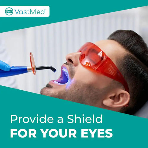 Top Shelf Tough As Nails Dental Protective Goggles With Red Laser Lens, worn during dental procedures for eye protection.