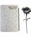 DIY Metal Rose Welding Kit For Beginners And Pros Precision Cut Steel Flower Project parts and completed rose on display