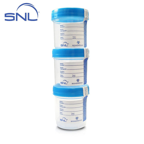 SNL sterile specimen cups with blue screw-on caps and tamper-evident seals, 3 oz, pack of 3