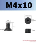 M4 Flat Head Hex Socket Cap Screws 10mm Long, 0.7mm Pitch, 6mm Head, 2.5mm Hex, Black Oxide Finish, size dimensions displayed