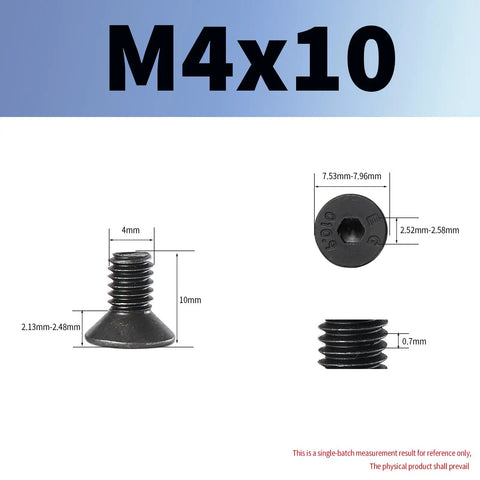 M4 Flat Head Hex Socket Cap Screws 10mm Long, 0.7mm Pitch, 6mm Head, 2.5mm Hex, Black Oxide Finish, size dimensions displayed