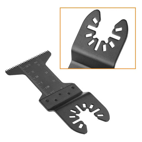 Close-up of 44mm high carbon steel blade from Fifteen Piece Oscillating Saw Blade Set with depth scales for precise cuts.
