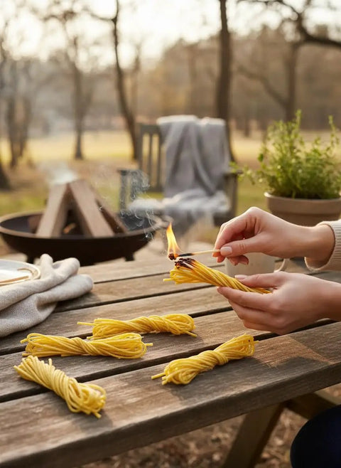 Person using All Natural Cotton And Beeswax Fire Starter For Outdoor Camping And Home Fires Waterproof Easy Ignite For Campfires Fireplaces Grills