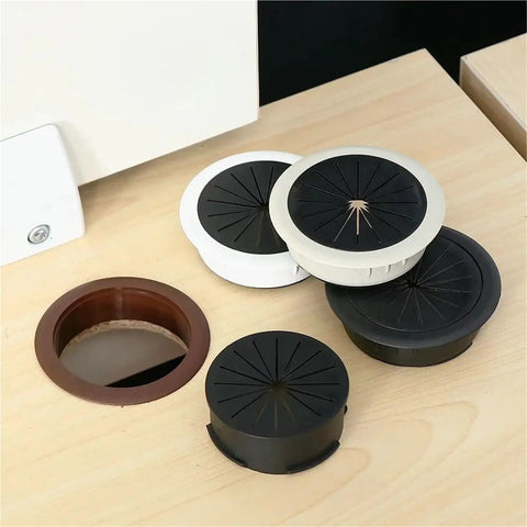 Slick 18 Pc Desk Wire Grommet Kit With Tough Abs And Rubber Rings For Organizing Cables Under Office Tables And Keeping Workspaces Super Clean And Cable Safe, black and white desk grommets on wood tabletop