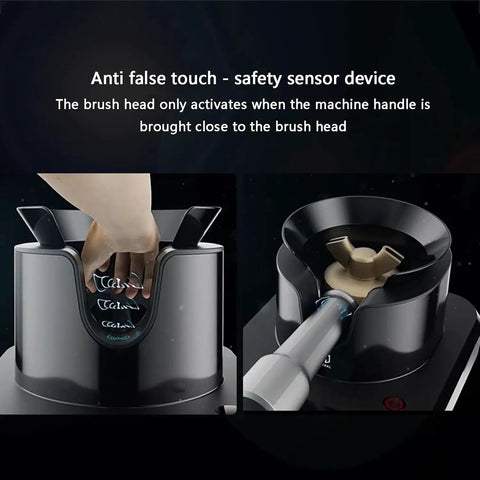 No Sweat Grounds Removal With This Automatic Electric Coffee Portafilter Cleaner Knock Box Unit showing safety sensor device in use.