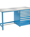 Massive 72 Inch Modular Workbench Featuring Seven Secure Drawers On Rock Solid Steel Frame, blue finish.