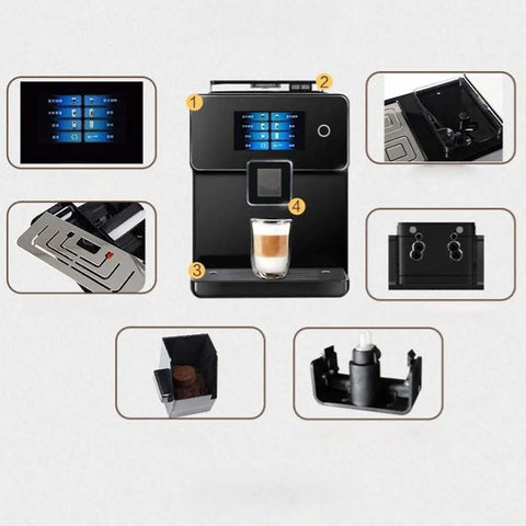 All Day Fully Automatic Coffee Machine With 19 Bar Pump And Built In Grinder Boasts Sleek Full Touch Lcd Interface showing LCD panel and cup
