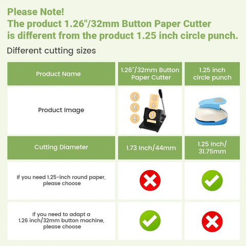 Comparison of 1.26"/32mm Button Paper Cutter vs 1.25" Circle Punch showing different sizes and uses for button making projects
