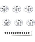 Six 6mm aluminum flange shaft couplings with mounting holes, screws, and Allen key.