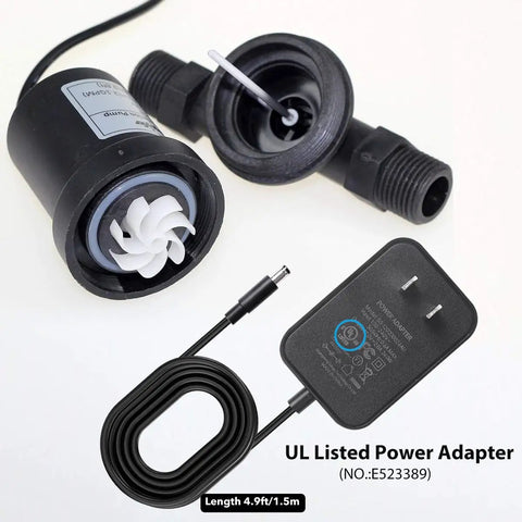 DC 12V Solar Hot Water Circulation Pump With UL Listed Power Adapter Included, showing internal mechanism and cable.