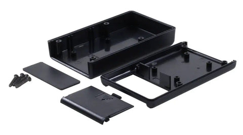 Components of Black ABS Plastic Project Box With Battery Compartment And PR1593Q PCB, including housing and screws