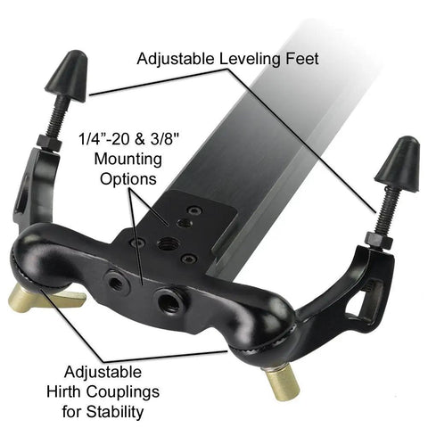 Heavy Duty Video Slider Stabilizer For DSLR Cameras With Ball Bearing Slide System showing adjustable leveling feet and mounting options