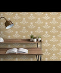 Heavy Duty Pvc Free Wallpaper With Matte Linen Texture Block Print Design Professional Type Ii Wall Covering For Kitchens Bathrooms And Commercial Spaces Built Tough Paste To Paper Install You Can Depend On on a beige backdrop with floral patterns.