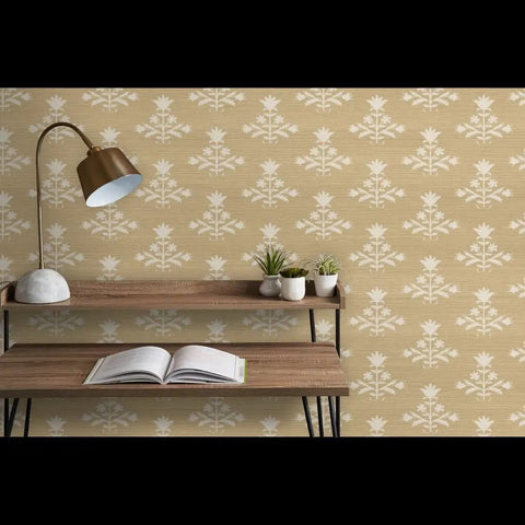 Custom Printed Block Print Faux Vinyl Wallpaper Featuring Subtle Leather Texture And Next Level Commercial Grade Durability Professional Paste Application For Event Spaces And Home Refreshes Built Tough on beige wall with plant decor and wooden shelf.