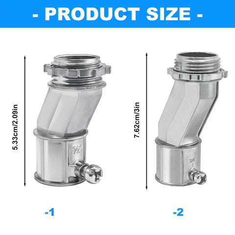 Heavy Duty 6 Pack Offset Conduit Connectors 1/2 Inch Zinc Alloy side view showing dimensions for tight wiring jobs.