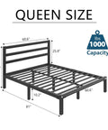 Rock Solid Queen Size Metal Bed Frame With Integrated Headboard And Reinforced Steel Slats dimensions and weight capacity illustration.