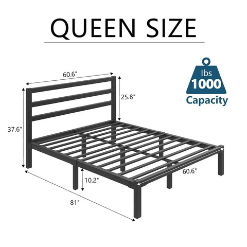 Rock Solid Queen Size Metal Bed Frame With Integrated Headboard And Reinforced Steel Slats dimensions and weight capacity illustration.