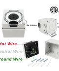 Built Legit For Any Adventure This Heavy Duty Nema 5-30R RV Power Outlet Box showing exterior, wiring labels, and dimensions.
