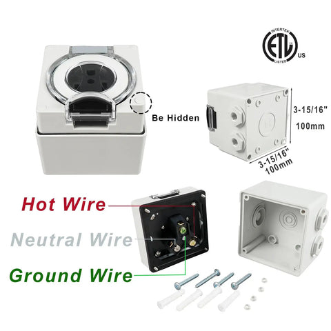 Built Legit For Any Adventure This Heavy Duty Nema 5-30R RV Power Outlet Box showing exterior, wiring labels, and dimensions.