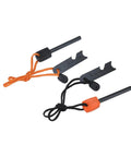 Two Pack Ferrocerium Fire Starter Rods With Easy Grip Handle For Quick No Fuss Sparks, includes multi-tool striker and paracord lanyard.