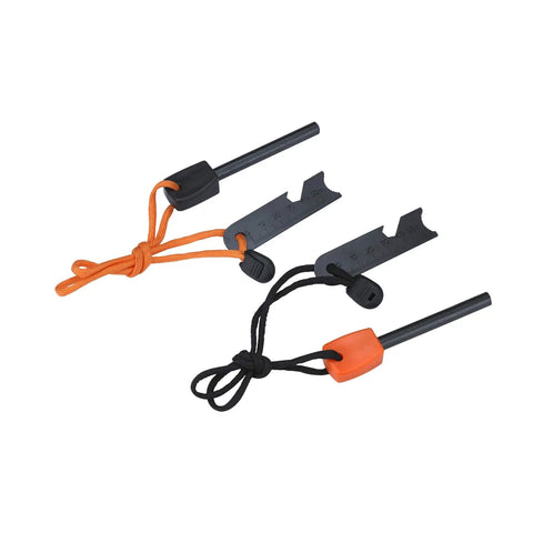Two Pack Ferrocerium Fire Starter Rods With Easy Grip Handle For Quick No Fuss Sparks, includes multi-tool striker and paracord lanyard.