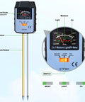 Diagram of a 4 In 1 Soil Moisture PH and Light Meter for Plants, showing sensors and readout scale with no battery required